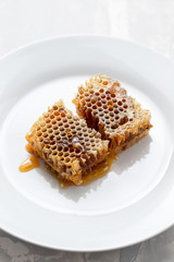 honeycomb on white plate on ceramic background