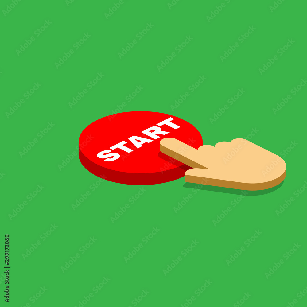 Poster hand pressing a button with the text start icon. startup, launch, run symbol. vector isometric illus