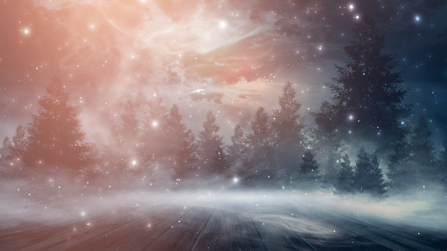 Night scene in the open. Snow, smog, moonlight. Winter background, snowy forest.