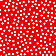 Random scattered polka dot pattern, abstract red and white background, white dots on red. - obrazy, fototapety, plakaty