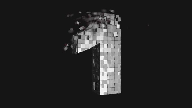 Transformer font - Build and destroy number one 1 from metallic cubes, 3D number animation on dark and chroma key green screen background in 4K	
