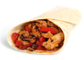 Tortilla with chicken and bell pepper. Isolated on a white backg