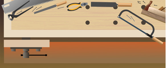 Craft table, carpentry workbench for the workshop. View from above. Vector illustration. A desktop for a craftsman, a carpenter, working with wood. Workbench with tools.