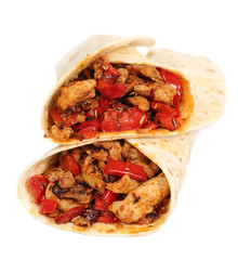 Tortilla with chicken and bell pepper. Isolated on a white backg