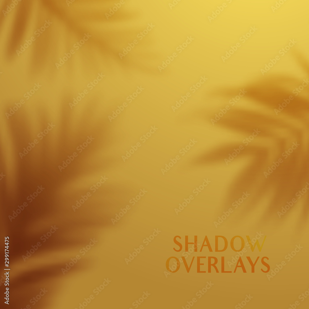 Poster vector golden background with transparent shadows of tropical leaves. creative overlay effect for mo