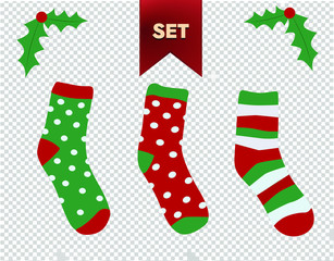 Set Of Vector Illustration Socks Christmas on transparent background