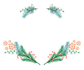 Cute Christmas wreath with green branches, twigs and red berries. Bright holiday frame illustration isolated on white background for New Year decoration, greeting cards design