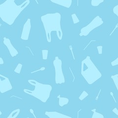 Vector seamless pattern with plastic objects. Stop ocean pollution. Waste in water. Garbage underwater. Environmental Protection. Bottle, plastic cup and bag, disposable tableware.