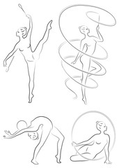 Collection. Rhythmic gymnastics. Silhouette of a girl with maces, ball, ribbon, hoop. Beautiful gymnast. The woman is slim and young. Vector illustration of a set.