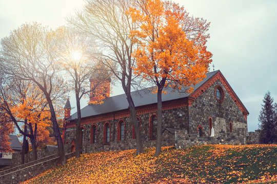 Gothic catholic Church of the Nativity of the Virgin Mary on Castle Hill in autumn in Braslaw, Vitebsk region. Belarus.