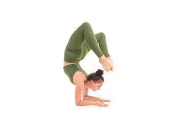 beautiful flexible woman doing yoga poses on white background