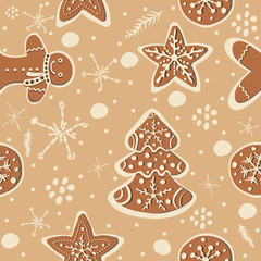 Obraz na płótnie Canvas Cute Winter Seamless Pattern with gingerbread cookies.