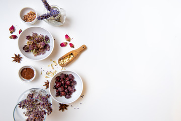 assorted herbal chamai for the treatment of colds, healthcare, medicine, home treatment, aromatherapy on a white background