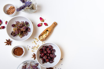 assorted herbal chamai for the treatment of colds, healthcare, medicine, home treatment, aromatherapy on a white background