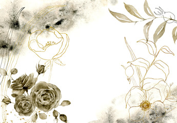 Watercolor monochrome floral composition. Hand painted sepia and golden flowers with branches isolated on white background. Floral vintage illustration for design, print, or background.