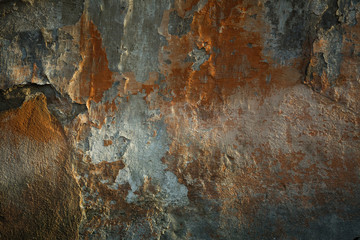 Texture of a shabby street wall with broken plaster in the sunlight.