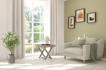 Mock up of stylish room in white color with armchair and green landscape in window. Scandinavian interior design. 3D illustration