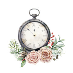 Watercolor vintage table clock with roses. Christmas illustration with vintage watch isolated on white background. Five minutes to twelve o'clock of new year. For design, print, fabric or background.