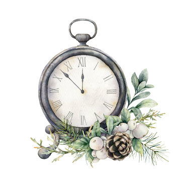 Watercolor vintage table clock with pine cone. Christmas illustration with vintage watch isolated on white background. Five minutes to twelve o'clock of new year. For design, print, background.