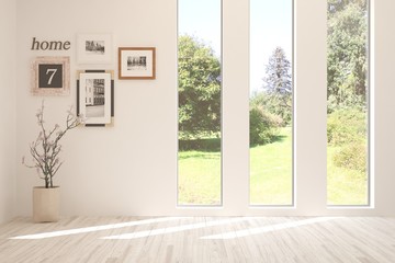 Stylish empty room in white color with summer landscape in window. Scandinavian interior design. 3D illustration