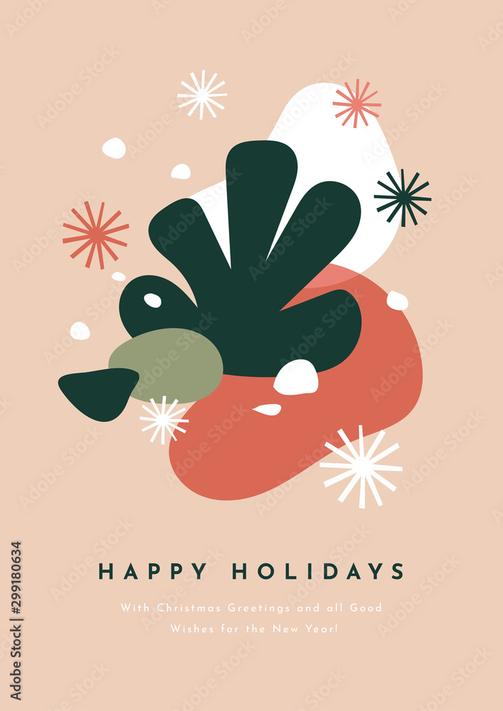 Leinwandbilder Template Christmas greeting card with abstract shapes and snowflakes. Decorative pattern in the style of modern art. Creative vector illustration for your design in flat style.