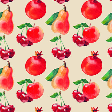 watercolor fruit seamless pattern with apple, cherry, pomegranate and pea