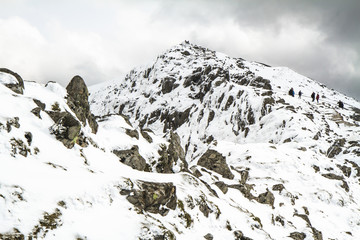 View of snowy peak of Mount Snowdon, Snowdonia Wales