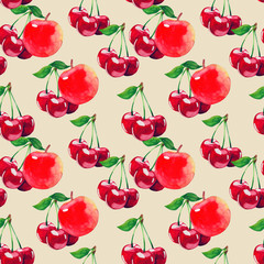 watercolor fruit seamless pattern with cherry and apple