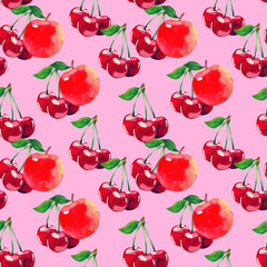 watercolor fruit seamless pattern with cherry and apple