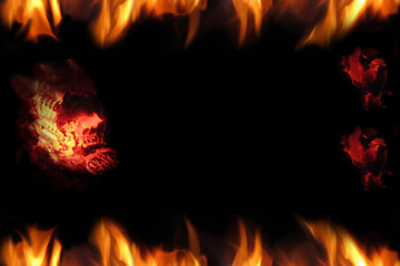 Horror background with devil and flame. Copy space. Flame border.  Inferno and fire background....