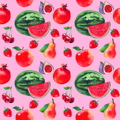 watercolor seamless pattern with watermelon, strawberries, pomegranate, fig, pear and charry