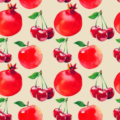 watercolor fruit seamless pattern with pomegranate. cherry, apple