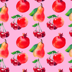 watercolor fruit seamless pattern with charry, pear, apple and pomegranate