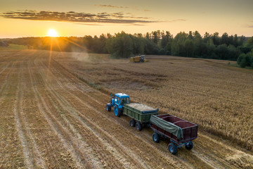 View from above. Combine harvester. Agricultural landscape.