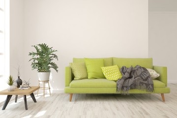 Stylish room in white color with sofa. Scandinavian interior design. 3D illustration