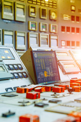 The central control room at energy power plant. Fragment of control panel. Selective focus. Closeup