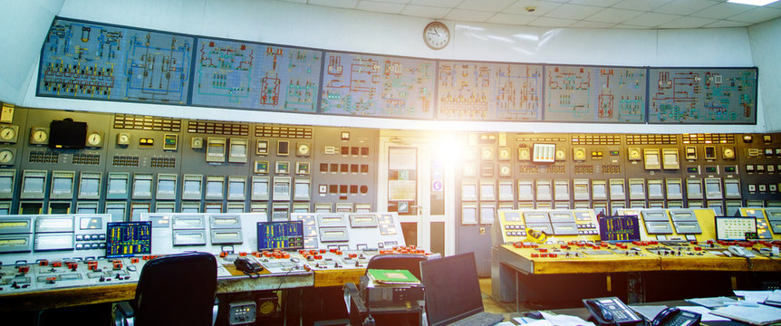 Industrial control panel at the energy plant. Energy and power generation. Selective focus closeup. Main safety board at power station.
