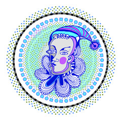 Portrait of a young clown in a cap. Vector illustration.