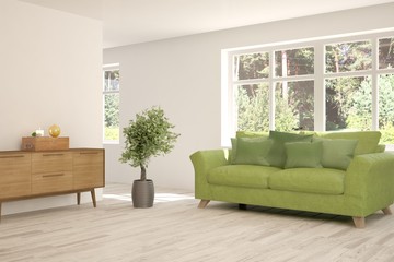 Fototapeta premium Stylish room in white color with sofa and summer landscape in window. Scandinavian interior design. 3D illustration