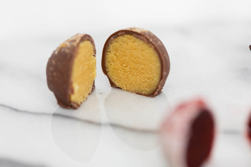 Assorted truffles cut in half