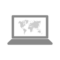 Laptop with high detailed World map on screen. Vector illustration.