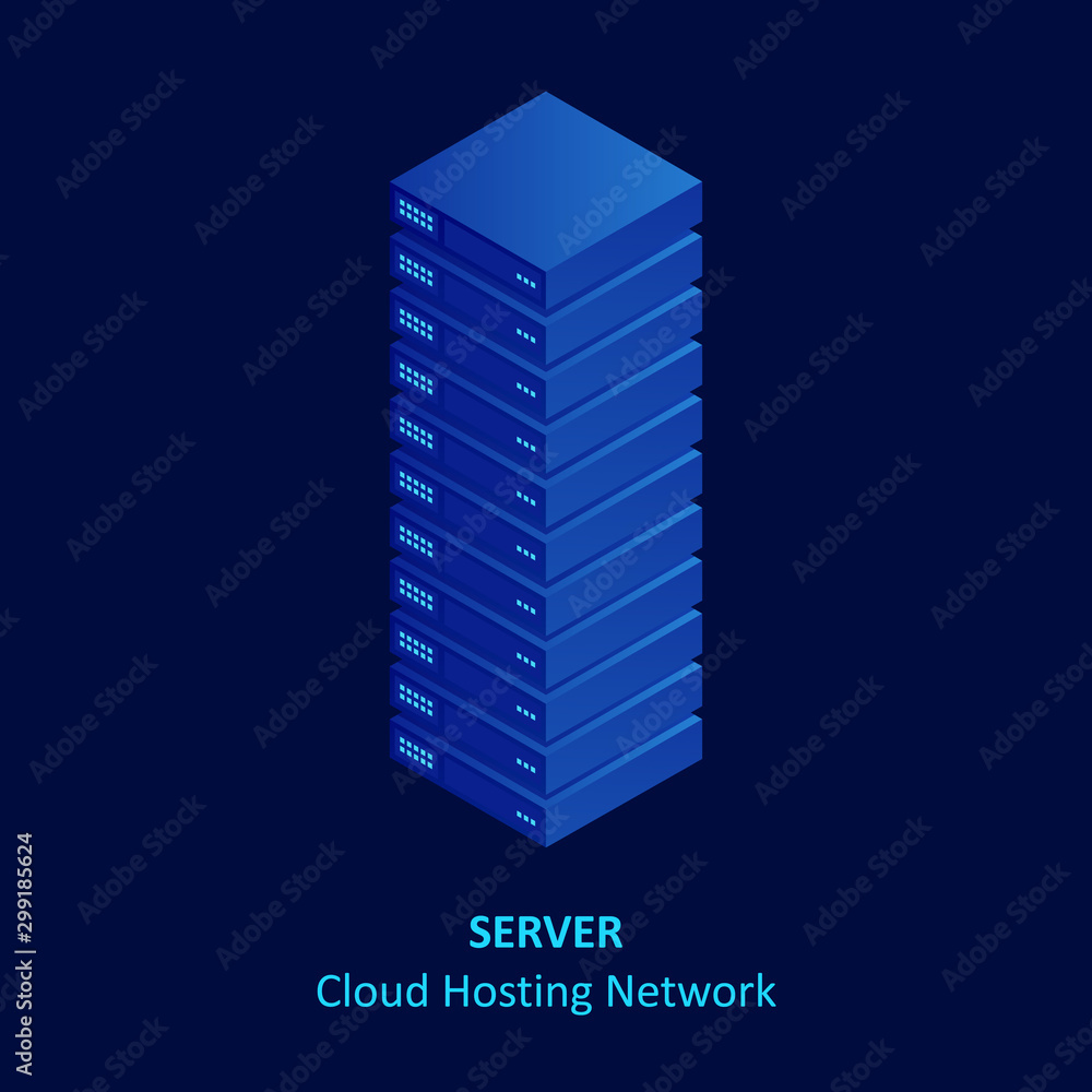 Poster isometric cloud server isolated on blue. data center storage room objects. network server room