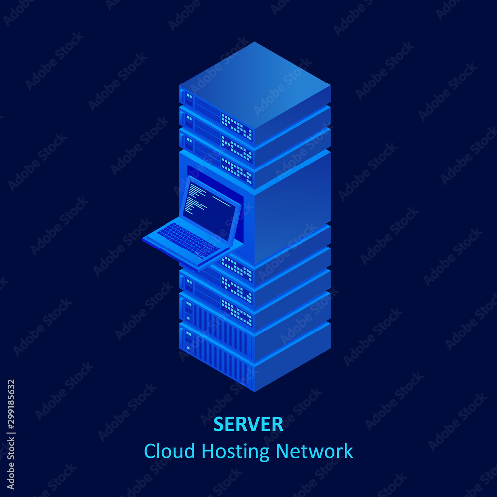 Aufkleber isometric cloud server isolated on blue. data center storage room objects. network server room