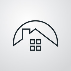 Logotipo bienes inmuebles. Icono plano lineal casa en interior de círculo en fondo gris