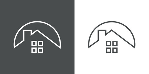 Logotipo bienes inmuebles. Icono plano lineal casa en interior de círculo en fondo gris y fondo blanco