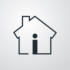 Símbolo información agencia inmobiliaria. Icono plano lineal casa con información en fondo gris