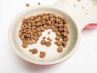 Dirty cat food bowls on a mucky white surface