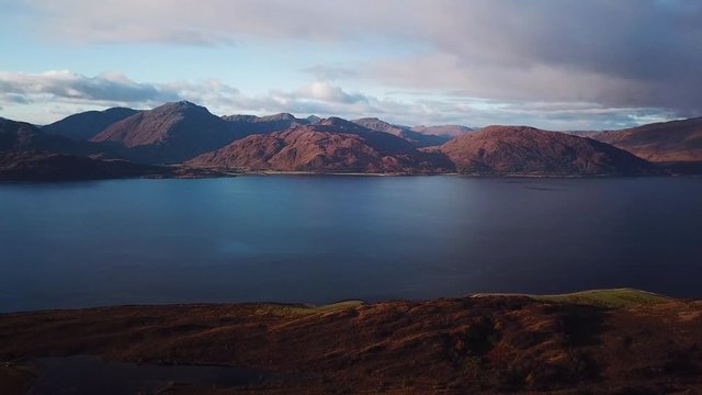 aerial footage of loch linnhe shot from duror on the west coast of scotland in the argyll region of the highlands of scotland showing corran ferry straight and shuna and lismore islands