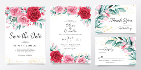 Elegant wedding invitation card template set with watercolor flowers decoration. Botanic illustration background of peach and red roses and leaves for invites, greeting, save the date vector