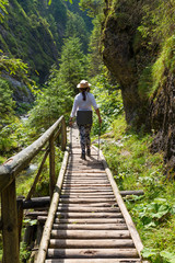 Woman - hiker on pedestrian wooden bridge in  mountain gorge.